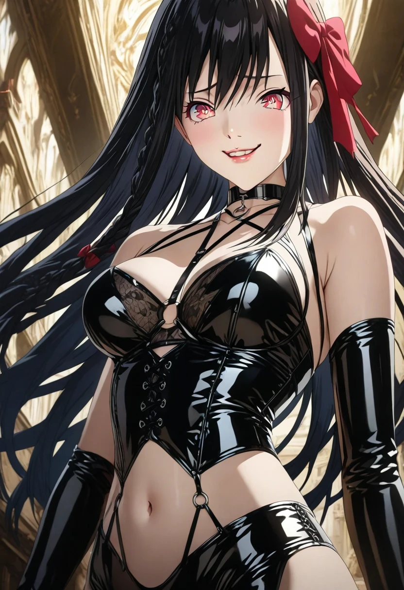1 girl、kiss,Red lips,(8k、Highest image quality、best quality、masterpiece)、green bodysuit,Slim body,Large Breasts,Extremely detailed facial details, handcuffs,Collar,Calm expression,Red lips,Sweet smile,Black long hair, Charming red eyes, Fox ears, Ridiculously big, glowing skin,bar