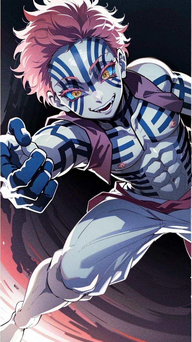 Akasa has no tattoos.., Smiling in NSFW positions ,man,3rd Waxing Demon ,Kimizunoyaba ,(Turn sideways),His eyes looked towards the viewer.,Look at that scared face...,evil,Formidable,cold smile,(Set up the attack),The picture is detailed..,The fingers are detailed..,fist