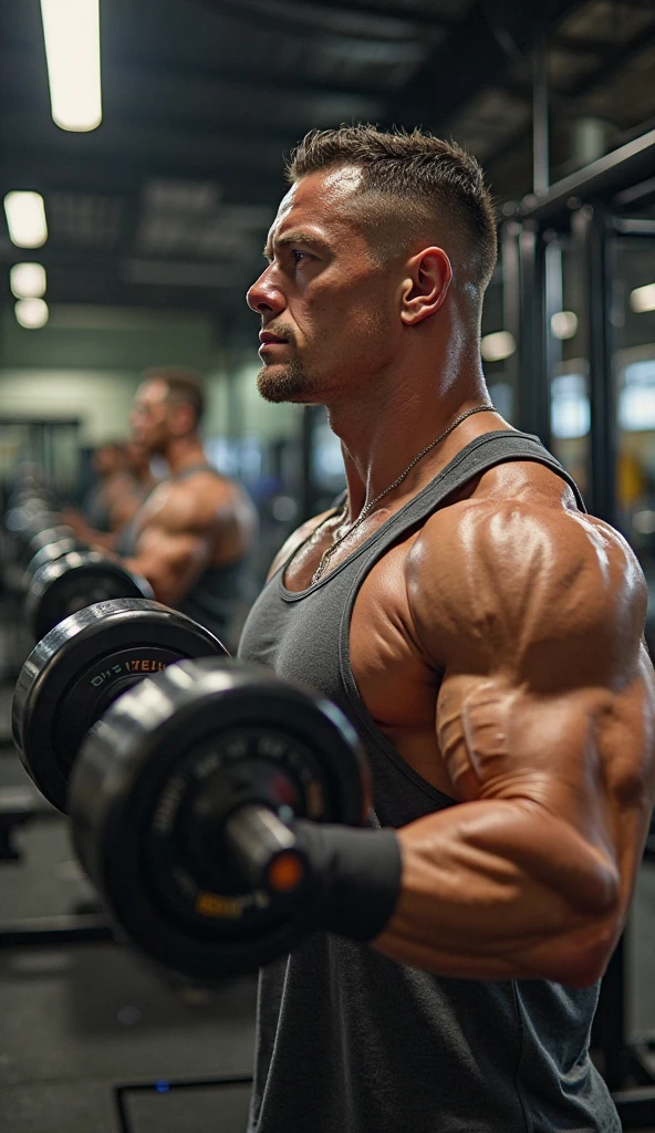 肌肉男, doing bench press with dumbbells at a gym, huge arms, regatta