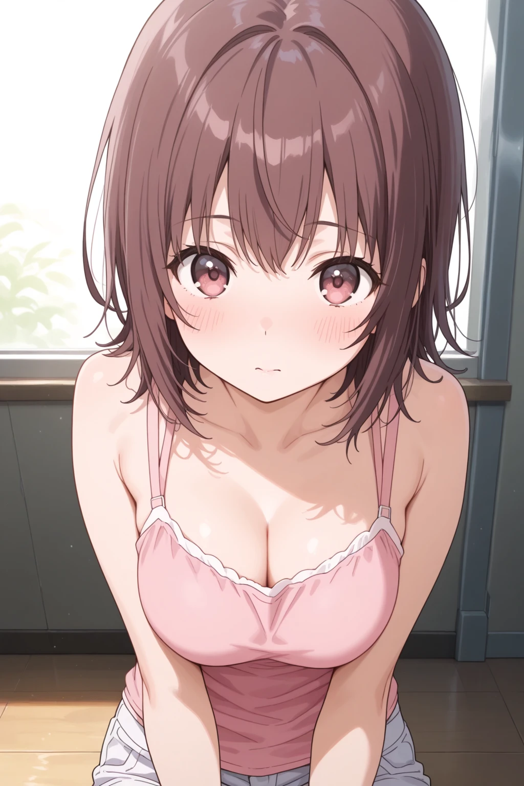 nakasu kasumi、Nijigasaki Gakuen、Bobcut、ワンレングスBobcut、Yellow-brown hair、short hair、Asymmetrical hair、Long left bangs、Red Eye、Bedroom、On all fours、White bra、White panties、Small breasts、cute、ultra hi resolution picture、Detailed Background、looking at the camera、In underwear