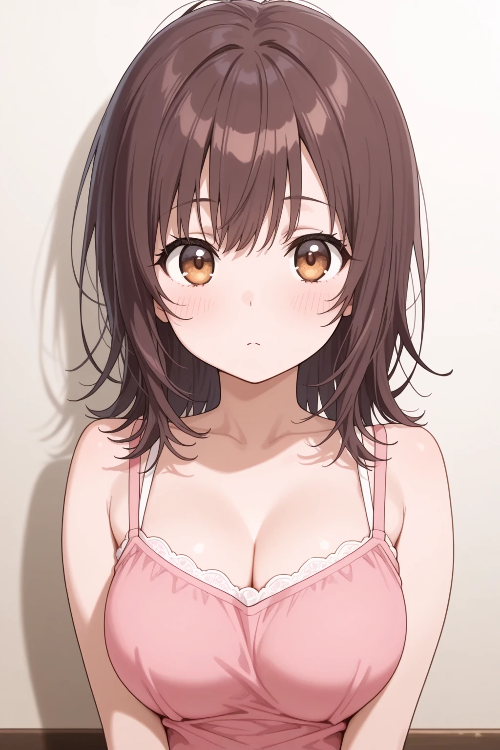 Best Quality, masutepiece, Brown hair, Yellow eyes, Yuriko Aoki, Stand in the changing room, Embarrassed look, oversized tits, White camisole:1.5, no-bra, Thin fabric, The upper part of the body, Close-up on the chest