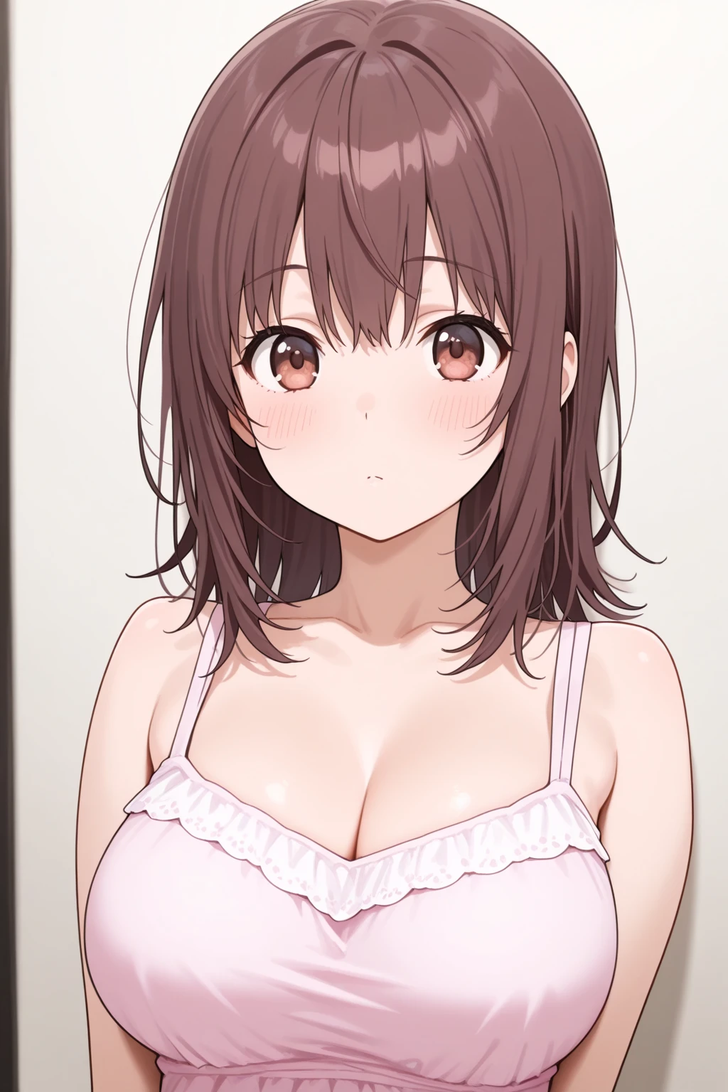 (masutepiece), (Best Quality), (ultra-detailliert), 1girl in, sexy pose, blush,large full breasts, wearing camisole, Happy, Looking at Viewer, large hair, Brown hair,By betting, sprawl, Shy