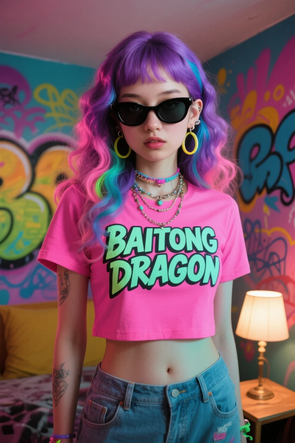 She's standing wears black t-shirt that has a text PBM, there's a dragon in her back with a black and pink theme