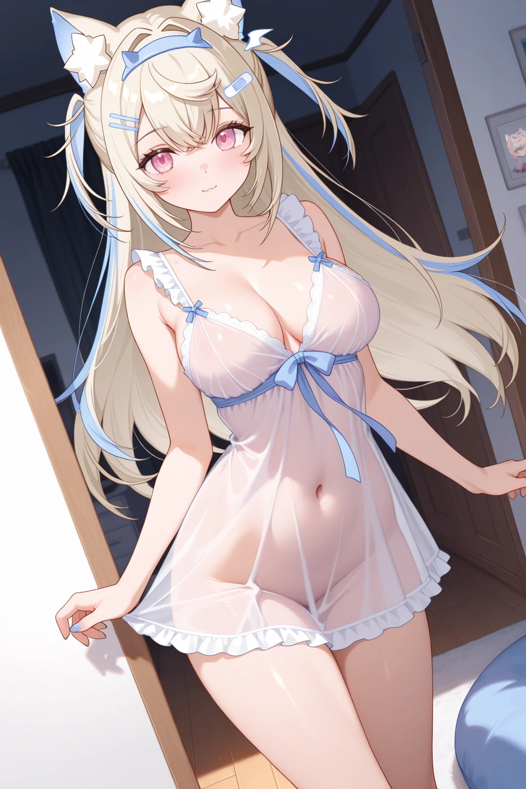 masterpiece, (best quality), (hyper detailed), (illustration), (hyper detailed body), (disheveled hair), 1girl, cute loli face, (hyper detailed blonde hair), long hair, hyper detailed purple eyes, hairs between eyes, loli, small breasts, full-face blush, shy, petite, ahoge, breasts, collarbone, open mouth, hair ribbon, ribbon on sides, black ribbon, downblouse, school, looking at viewer, lockers, locker room, changing shirt, white frilled bra, white frilled panties, groin, breasts apart, embarrassed, collarbone