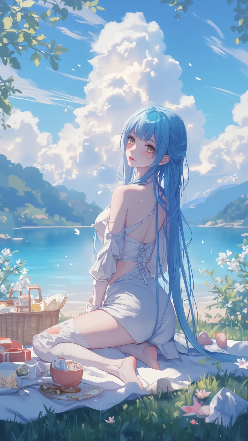 a women, blue hair, blue eyes, white dress