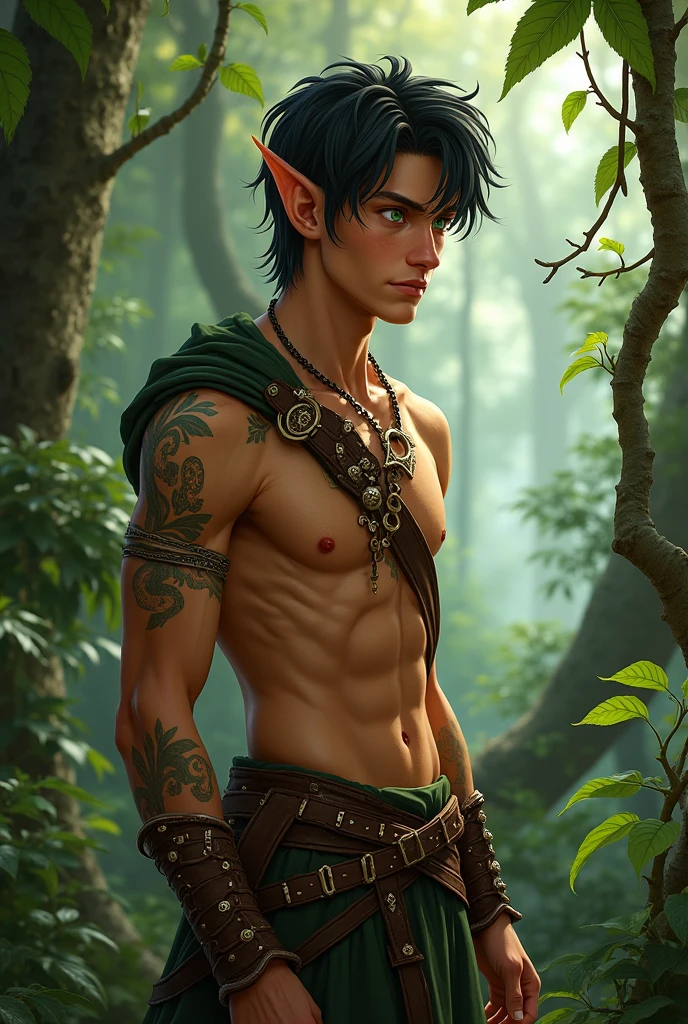handsome teenage wild elf wearing green leaf jockstrap, very short hair with undercut, dark fantasy forest