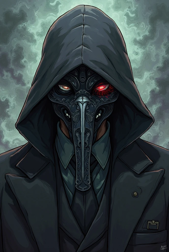 A person wearing a black mask with cut out eye and mouth holes stands against a dark background. This person is wearing a military jacket with a hoodie, his hands are tied together.