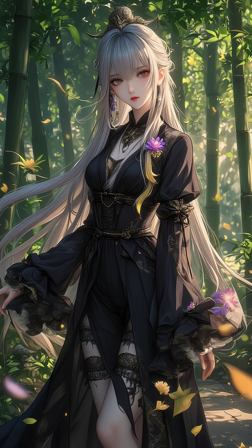 Young woman with very vivid GREEN long hair, green long hair, golden eyes, Pale white skin, green eyebrow, she is wearing black top, Black transparent scarf, black skirt, silver cross accessories, She is lying in a mound of white flowers, sunny day, dynamic shadow, Glossy black makeup, vampire fangs, open mouth, side view, 