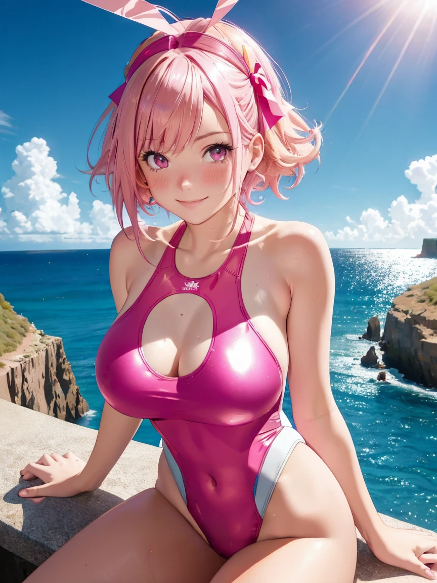 A woman with light pink hair, that fall in gentle waves over your shoulders. She wears a tight and short dress, whose color is a deep blue, like the ocean on a starry night. The neckline reveals perfectly tanned skin, inviting prying eyes and promising secrets. Your lips, dyed an intense pink, form a mysterious and provocative smile. Os olhos dela, like sparkling sapphires, convey desire and mystery. She assumes an elegant pose, with a slightly sloping shoulder, daring anyone to resist its magnetic presence.
