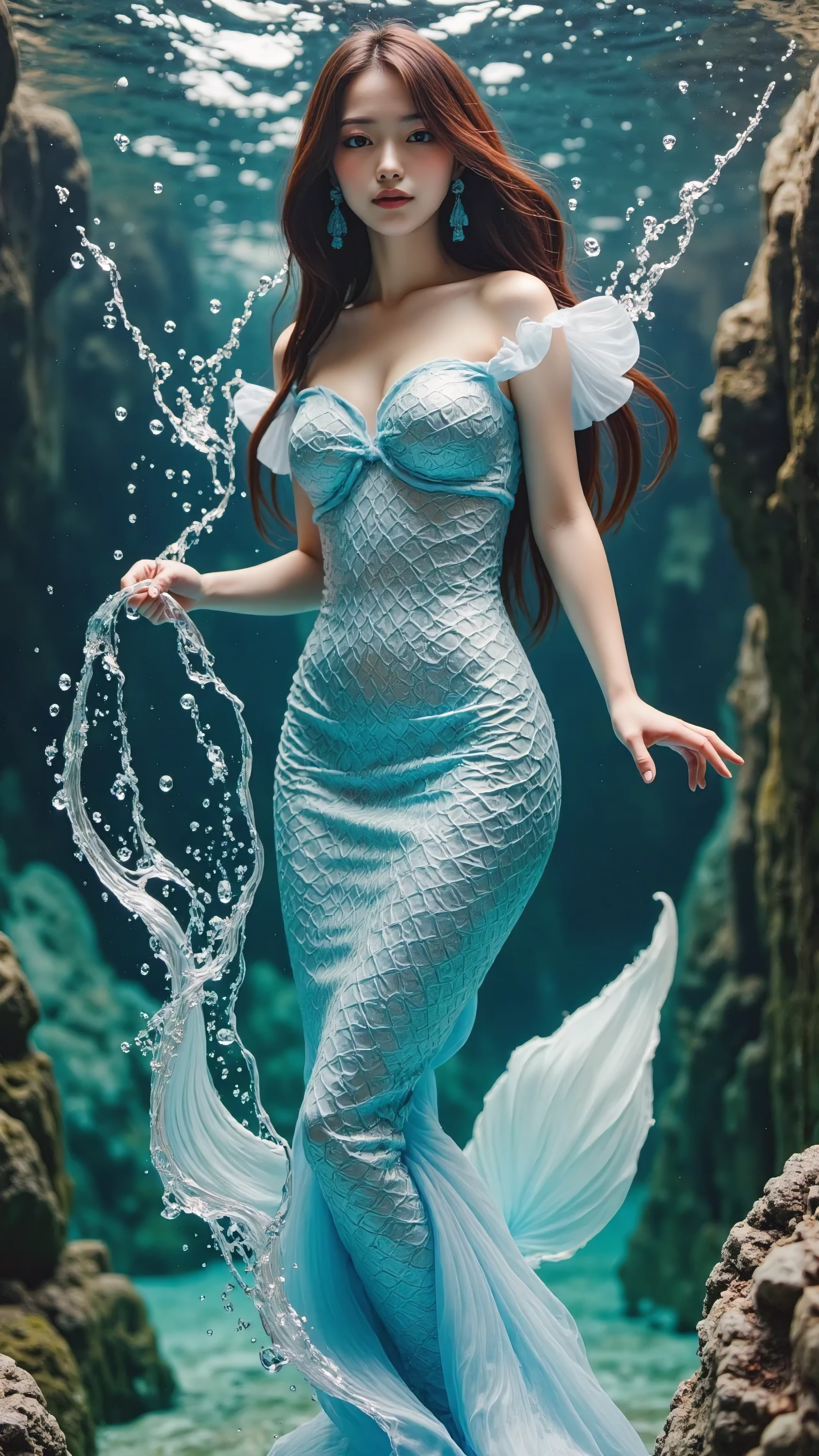 The Little Mermaid、 It personifies a very beautiful young Japanese and half Korean woman 、double eyelid, droopy eyes, gentle smile, Slim and feminine figure、Off-the-shoulder one-piece clothes. (((Mermaid Fin))), Woman with long, beautiful gold 。Bewitching beauty、 crystal clear white skin、Droopy eyes、double eyelids、 In the ocean with beautiful Japanese Ruby red seawater and coral reefs 。 ensures a balanced composition that emphasizes the graceful movements of the model and the deep color of the background。 Hair fluttering in seawater 。 Cold lighting emphasizes texture and fine details 。 Background and depth of building 。 RAW photos 、
