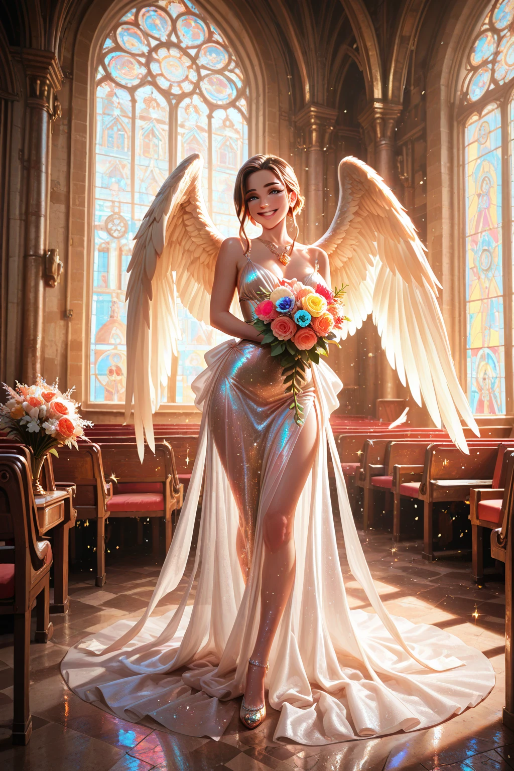 Top quality, realistic, photorealistic, super detailed, beautiful girl standing alone, angel wings on back, smile, gentle, bright, star, rainbow, glow, bouquet holder, "south ice" porcelain, ultra wide angle, accent lighting, volumetric lighting, backlight, (detailed light), (very delicate and beautiful)), dramatic_shadow, ray_tracing, HDR