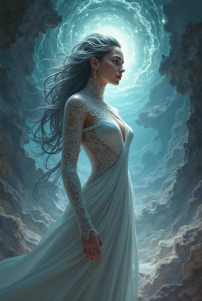 a high angle view of a woman made from a swirling typhoon cloud, standing gracefully like the Goddess of Mercy, intricate details, dramatic lighting, cinematic, epic, ultra-detailed, hyperrealistic, digital art, vibrant colors, dark and moody, dramatic clouds, storm, wind, mist, mystical, spiritual, divine, ethereal