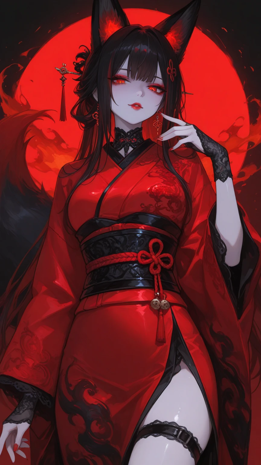 A beautiful girl with long black hair and large breasts in a luxurious black kimono with red spider lilies and white skeletons.