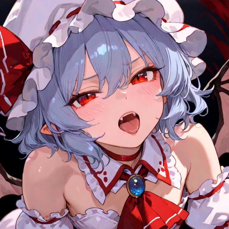 from below, 1girl, upper body,face close-up,smile, open_mouth,blood_on_face,blood_on_body, yandere, blush, yandere_trance, shadow_on_eyes, shaded_face,hands_on_own_cheeks, hands_on_own_face,looking_at_viewer, bare_shoulders,bare_arms,Dark Environment,hell,masterpiece, best quality, very aesthetic, absurdres, horror, blood,death,ruin,black background,ganyu,ganyu(genshin impact), horns, short blue hair,