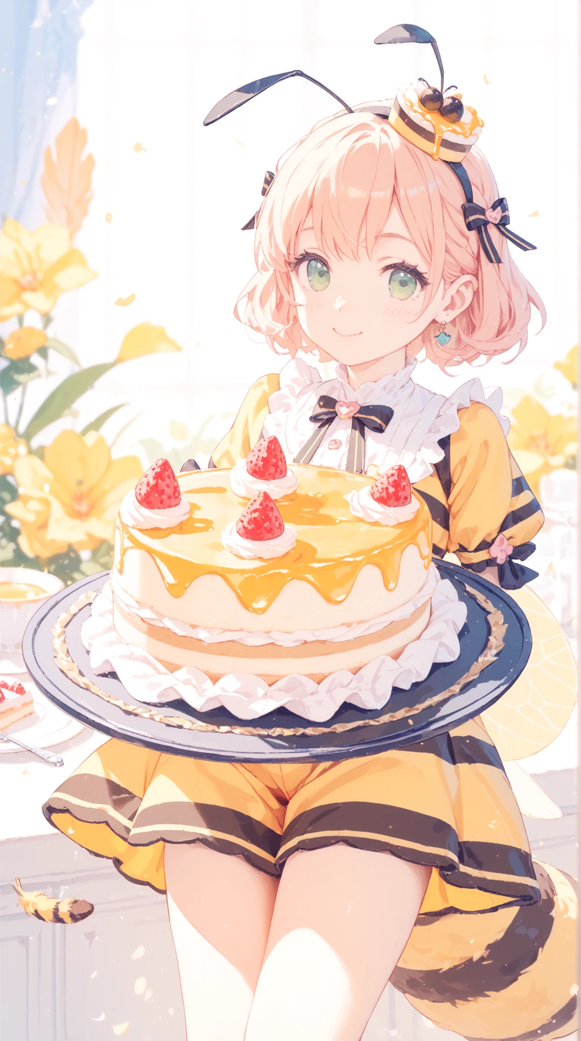 top quality, masterpiece, as pictured, cute girl, bee costume, Yellow and black stripes, small feather, honey cake, bright cafe background