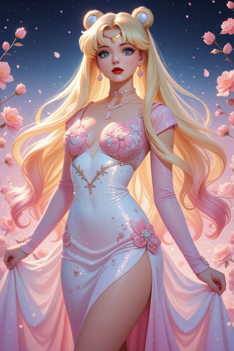 The blonde Barbie is charming, with long, shiny hair that flows smoothly down to the waist. Seus olhos azuis cintilantes refletem a alegria e a magia que a envolvem. Ela usa um elegante vestido rosa claro, repleto de detalhes brilhantes e rendas delicadas que parecem feitos de pura magia. Sua fantasia tem uma saia rodada e volumosa, conferindo-lhe um ar de princesa de conto de fadas.

in her hands, She holds a gleaming wand, that emits shimmering pink sparks whenever she swings it lightly. Um colar brilhante adornado com uma pedra preciosa em tom de rosa completa seu look.

The blonde Barbie is standing, no topo de uma colina verdejante, in a charming setting of a magical kingdom. Ao fundo, A majestic castle rises amid the rosy clouds of sunset. The sky is painted in soft shades of pink and gold, while small pink butterflies dance around her.

The gentle breeze sways the pink flowers that surround Barbie, while colorful birds sing sweet melodies in nearby trees. It's as if the whole world is coming together to celebrate her presence in that magical moment.

The expression on Barbie's face is one of pure joy and confidence, For she is about to embark on a journey of exciting adventures. She is the embodiment of beauty, grace and power, uma verdadeira rainha do mundo dos sonhos.