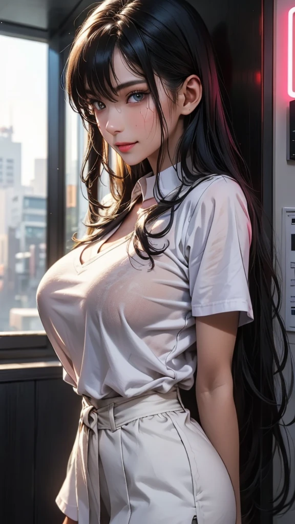 Shot from the side. Erotic adult Video actress, voluptuous, curvy woman. Hana haruna. body measurement of 100-70-90! beautiful chubby face, round face, long hair, bangs. Her wide heart-shaped lips curl up, light smile. Beautiful seductive eyes. She wears a long transparent lavender latex shirt. Looking out of the window of a loft, nightly tokio in the distance. night. Her head tilts towards the window. Photorealistic, Masterpiece, indirect lighting, soft lighting. 8k. Taniaayusiregar.