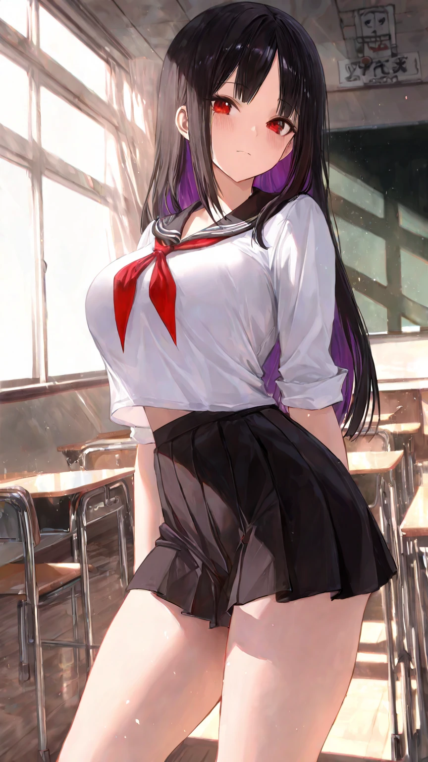(melhor qualidade:1.3), Hitagi Senjougahara por Monogatari, (cabelos longos), (cara de), peituda, clivagem, sedutora, rosto sexy, sexy, body curvy, bunda grande, peitos grandes, (Japanese school uniform), (escola), ((sala de aula)), (Pose sexy)