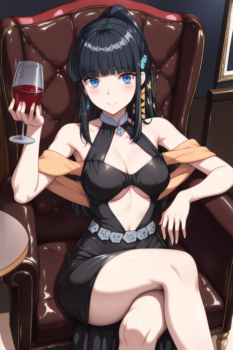 Yoshiko Tsushima　Blue Hair　Red Eye　Semi-long hair　One-sided bun hairstyle　Black Dress　Black Stockings　smile　Huge breasts　night　Cocktail Bar　Seduce　Sit on a chair　night景　Room lighting　Holding a cocktail glass
