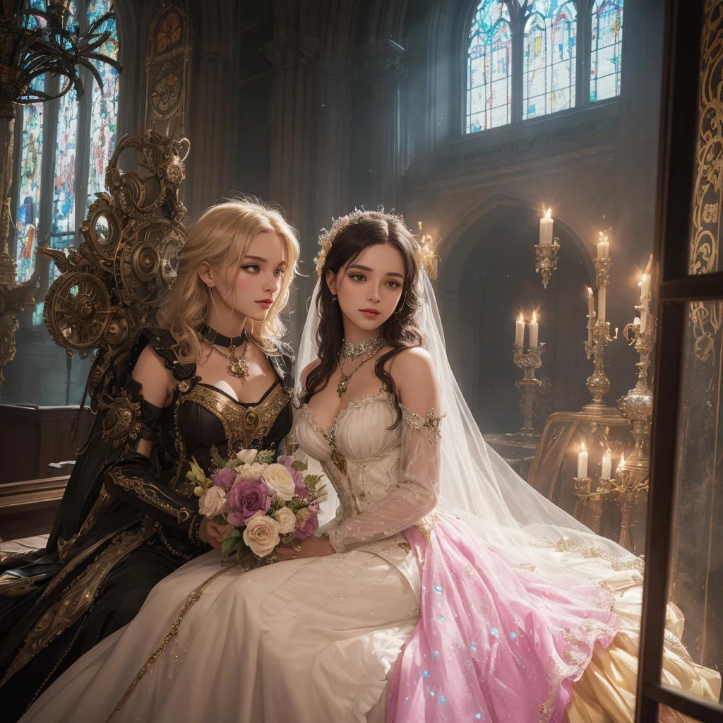 "crie a imagem de duas mulheres gêmeas, appearing to be between 18 and 22 years old, that they are a couple. They have pink hair down to their chins and blue eyes.. Both have faces, perfect skin and bodies, with unparalleled beauty. They are immortal queens with various powers, located in 1000 to.c. They wear revealing clothes, adorned with lots of gold, including bracelets and other gold accessories. Show their romantic connection and chemistry. The background must be a majestic palace, matching your queens status."Additional details for insertion:Apparent age: 18-22 anoscabelos: pinks, up to the chinEyes: BlueFace and Skin: perfectscorpo: perfect, unparalleled beautyPosition: Immortal queensEpoca: 1000 a.c.clothes: Revealing clothesAccessories: Gold bracelets and adornmentsRelationship: casal, with a strong romantic connectionBackground: Majestic palace