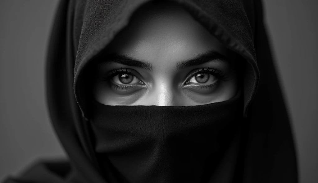 A mesmerizing close-up portrait of a woman’s face, with her captivating eyes taking center stage. Her eyes, framed by her hijab, exude a sense of mystery and elegance. Monochromatic tones and soft, textured skin texture add depth and contrast, while detailed makeup and bold dark eyeliner highlight her green eyes and striking features. The hijab artfully wraps around her face, covering her forehead and lower face, with her mouth and part of her nose hidden by the hijab, drawing the viewer into the enigmatic composition. Soft lighting highlights subtle textures and reflective shine, creating a sophisticated and seductive look that transcends time and captures the imagination.