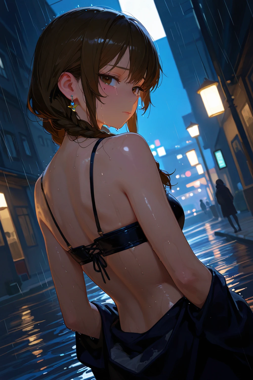 ((Top Quality, 8K, Masterpiece: 1.3)), Focus: 1.2, Perfect Body Beauty: 1.4, Ass: 1.2, ((Layered Haircut, Breasts: 1.2)), (Wet Clothes: 1.1), (Sunset, Street: 1.3), Bando Dress: 1.1, Highly Detailed Face and Skin Texture, Narrow Eyes, Double Eyelids, Whitening Skin, Long Hair, (Shut Up: 1.3), Smile