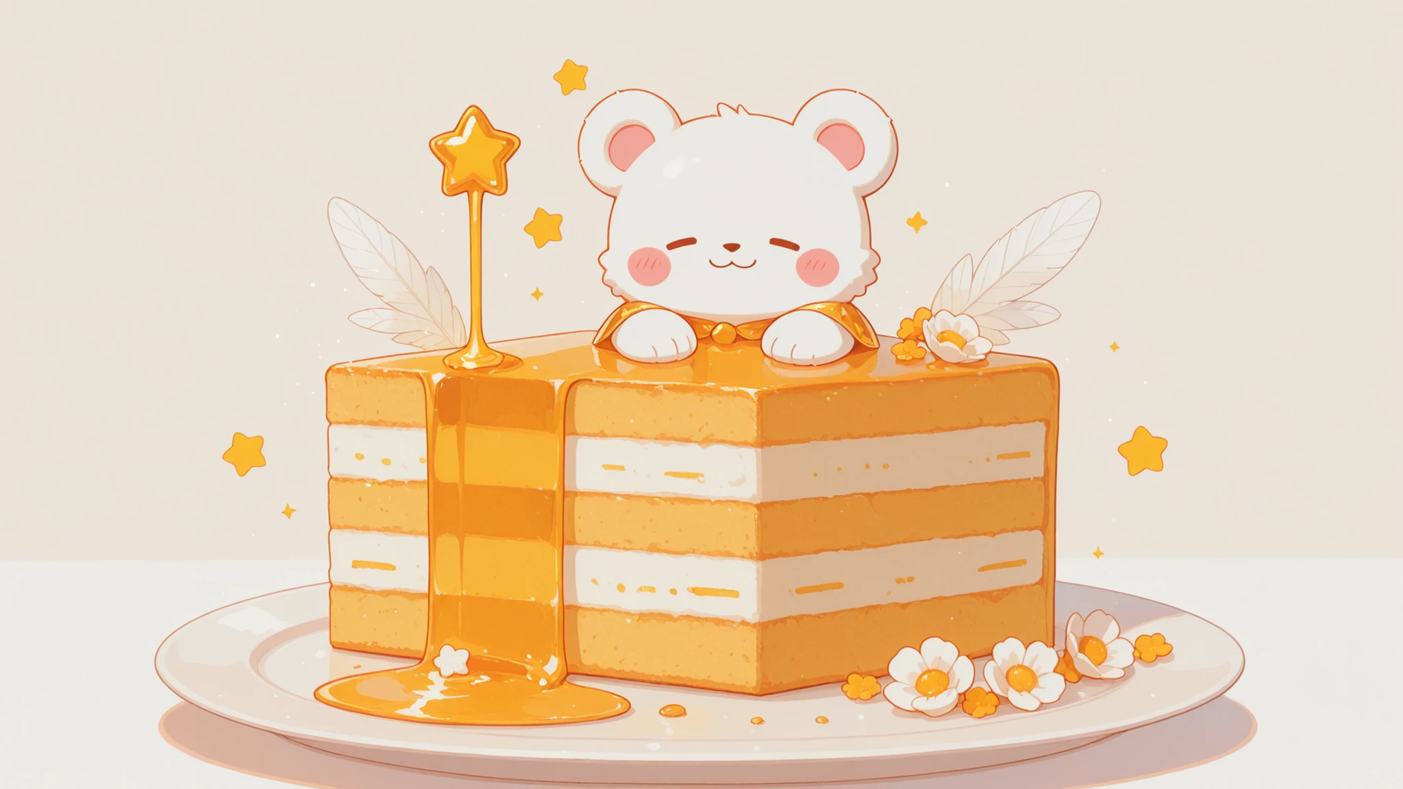 artistic, Ultra High Definition, adorable little girl with white bears, cute cosplay, Transparent feather, Golden Honey, cake plate, flower々The decoration of, bursting with a smile, pop decor