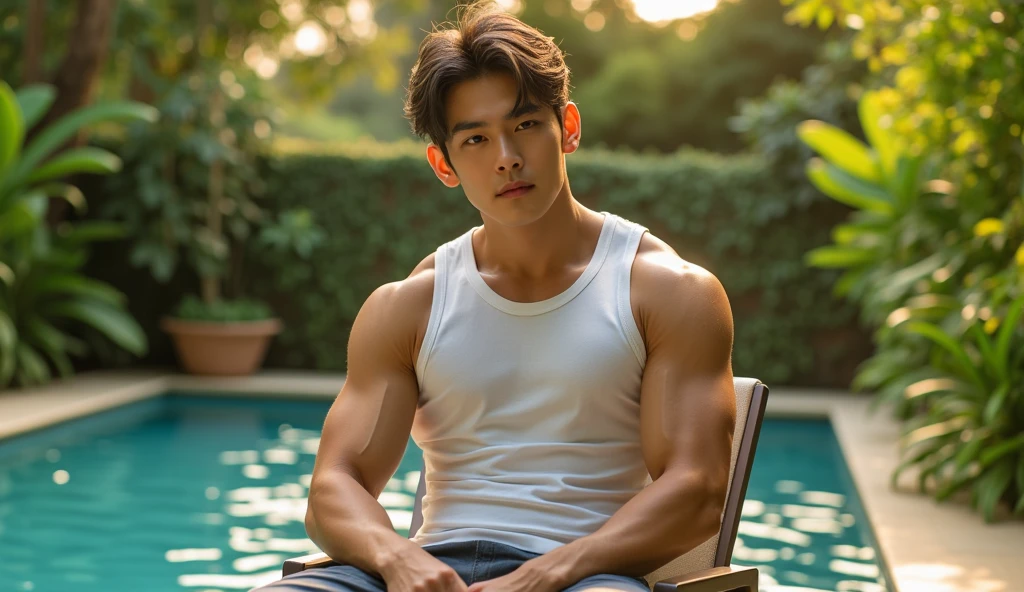 A handsome, muscular young Asian man posing on the balcony, wearing, Fieldside, sunlight