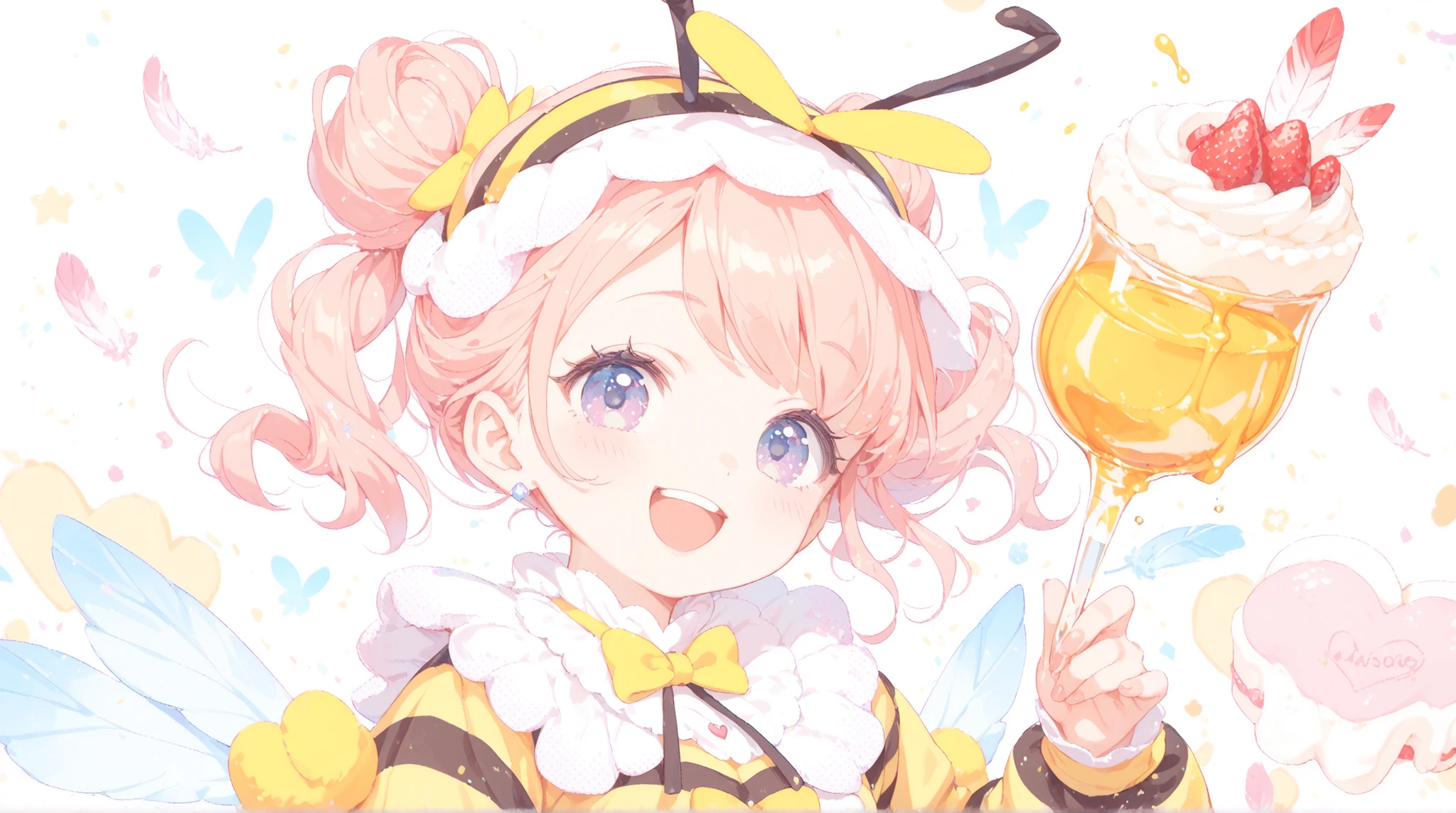 top quality, masterpiece, as pictured, Smiling cute girl, bee costume, Yellow and black stripes, glitter feather, honey cake, Big Smiles, pastel background