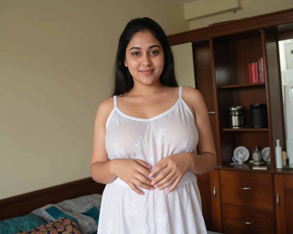 Shot captured by IMAX CAMERA, 20K resolution, hyper realistic masterpiece of Alluring Kashmiri Indian fertile 18-year-old extra super healthy thick billionaire ((nine-month pregnant women)), ((small baby bump)) pleasant erotic smile, motherhood, womanhood, affectionate personality, only thin fine elegant platinum nose hoop in left nostril, long hair, blue sparkle eyes, perfect round large E cup size tight and firm breasts, erected long nipples, hands playing with hairs, feeling Horney, ((complete necked body)) ((perfect body.))