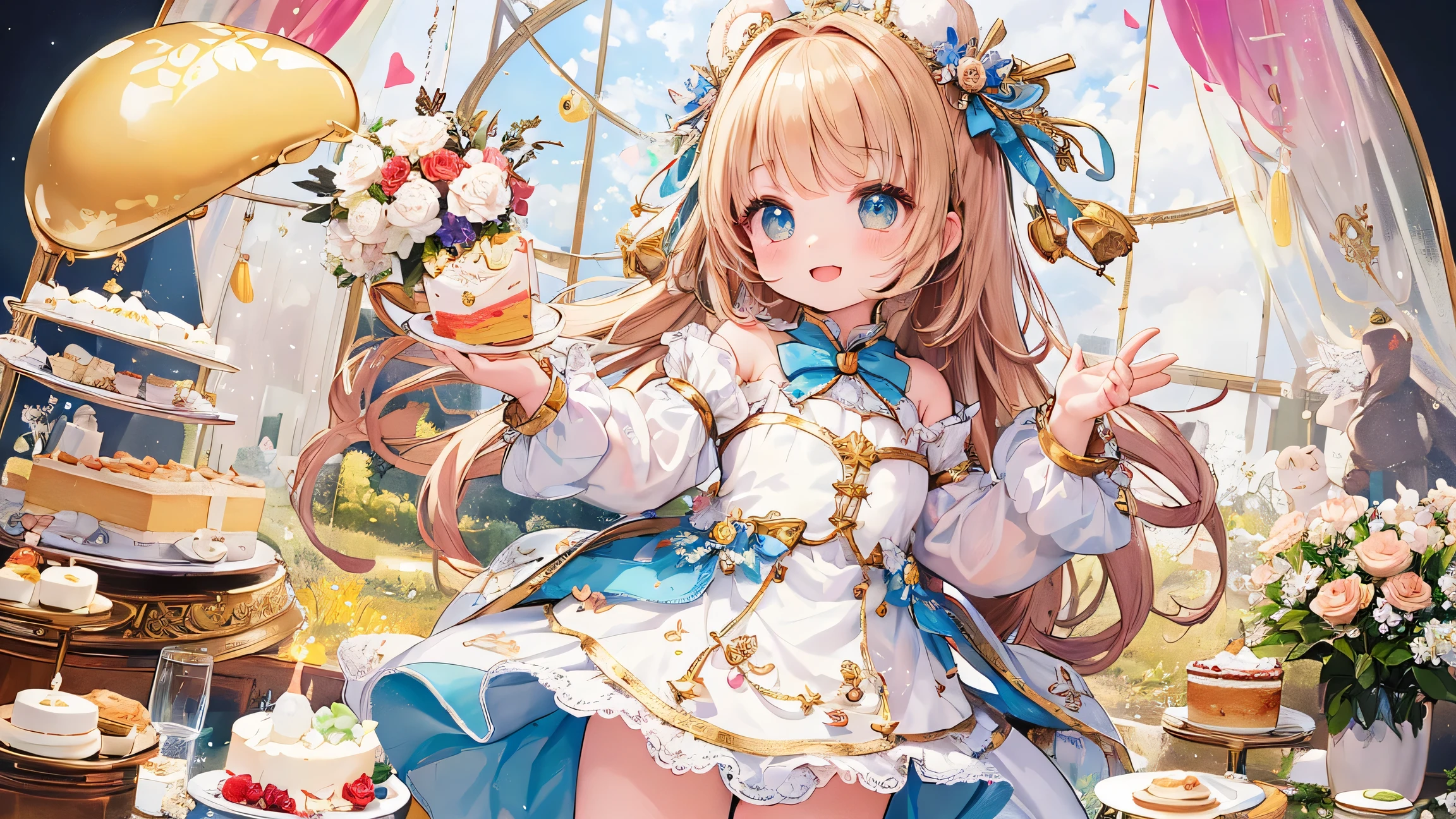 artistic, Ultra High Definition, adorable little girl with white bears, cute cosplay, Transparent feather, Golden Honey, cake plate, flower々The decoration of,  bursting with a smile, pop decor