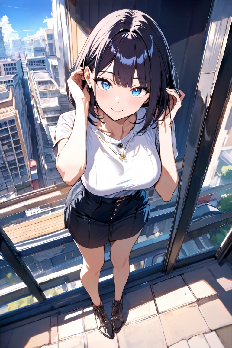 ((Midnight, Best quality, 8k, Masterpiece :1.3)), Whole body, Long legs, Sharp focus :1.2, A pretty woman with perfect figure :1.4, Slender abs :1.1, ((Dark brown hair, Big breasts :1.2)), (White tight tshirt, Jean bib, Standing:1.2), ((Night city view, Rooftop:1.3)), Highly detailed face and skin texture, Detailed eyes, Double eyelid