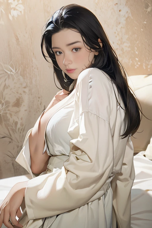 Beautiful girl with realistic black eyes, pale skin, Long black hair, perfect face, perfect eyes, ((Wearing a bathrobe)),((A bathrobe with a large opening at the chest))very detailed, comprehensive movie, digital painting, 8K, cinematic lighting, highest quality, High resolution, Great job!, Post-processing, perfect result, surreal,(((revealing clothes))),big breasts,The background is a room, burst of laugh, crawl on all fours on the bed, selfie