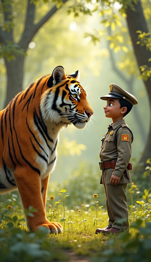 Cute big head baby wearing Royal Artillery uniform and military cap walks with Indian tiger in realistic full body fashion show