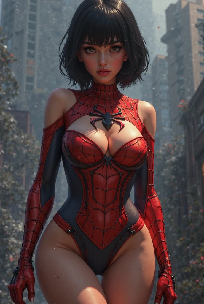 emily bet rickards、Sticking out the navel、newyork、She wears a torn Spider-Man suit,wearing a skirt、abstract photorealistic、artistic、Alphonse Mucha's painting(masterpiece、highest quality、High resolution:1.4)、detailed、複雑なdetailed、In 4K、color splash、line drawing、fibonacci、