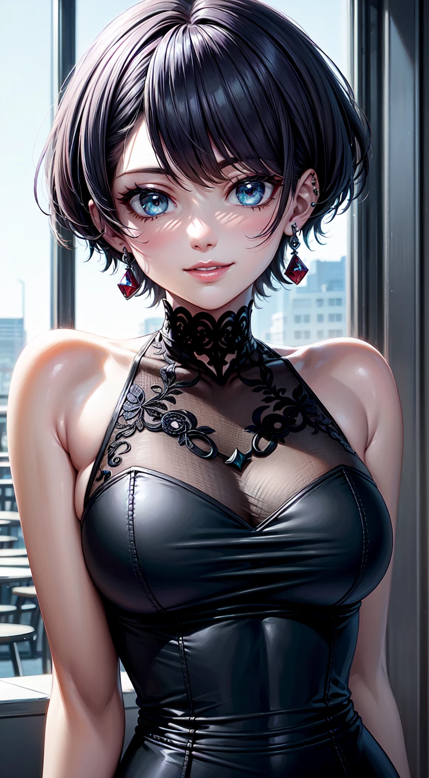 Best Quality, Ultra High Resolution, (Photorealistic: 1.4), Beautiful Eyes, Super Beautiful, Very Short Hair, Beautiful, Sweetheart, T-shirt with Rough Chest, Beautiful Soldier, Eyes That Invite Viewer, Lover's Perspective, Inviting Expression, Sexy Smile, Perfect Style, Perfect Balance, Detailed Skin, Naughty Gaze, Chest Visible