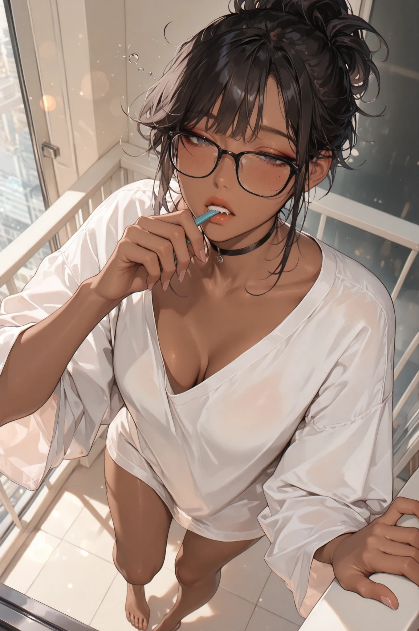 There is a woman sitting on the floor with her legs crossed..., Wearing glasses, Wearing square glasses, Young Sensual Gravure Idol, Provocative,((Beautiful Skin)),((Skin Texture)),((Real Touch)), healthy, unreddish skin, 