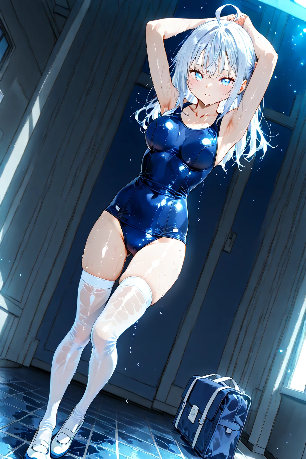 ((1 pretty woman)),(((detail portrayal))),(((Silvery hair))),(((Side twin tail hairstyles))),(((a small face))),(((Less bangs))),(((Slightly put out your forehead))),(((Golden Eyes))),(​masterpiece)), (((drooing eyes))),((top-quality)),((Vivid light and shadow depiction)), (The ultra-detailliert), ((kawaii)), cute little, (Detailed body line depiction), ((detailed face depiction)),((ighly detailed)),  (8K), top-quality, (Beautiful fece),(((World-class quality))), ighly detailed, hight resolution,(((独奏))),(((thick eyebrow))).((((shinny hair)))),(((White and beautiful skin))),(((Small udder))),(((Bold poses))),(((red blush))),(((Composition seen from behind))),(((composition seen from below))),(((In a dark room))),(((looking-down))),(((Looking up from your feet))),(((Beautiful body))),(((Take off your dark blue school swimsuit))),(((bare-legged))),(((Squatting by the pool at night))),(((Show breasts))),(((Looks Back))),(((Open your legs to show your crotch))),(((deadpan))),