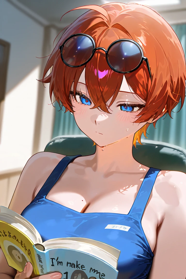 ((Лучшее качество)), ((шедевр)), (подробный), , a girl, small, short, red hair, in panties, in a bra, on the beach, with a lustful face, covered in sweat.