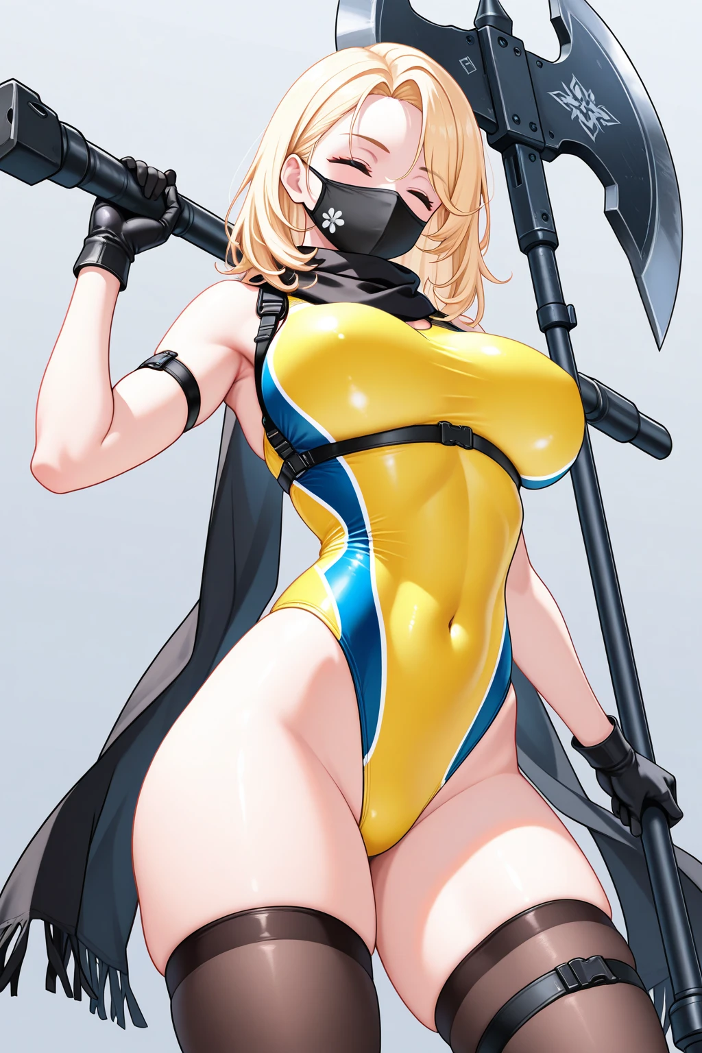 1girl, blonde hair, pixie cut, very short hair, blue eyes, mouth mask, mask, large breasts, thick thighs, kunoichi, ninja, knife, pantyhose, braided ponytail, braid ponytail, ponytail, belt, leotard, highleg, thighhighs
