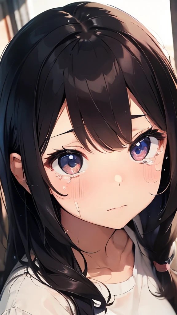 (higher resolution, imagen_distinta) La mejor calidad, la obra maestra de una mujer hermosa, muy detallados, semi realista, cabello largo blanco,ojos negros oscuros hiper detallados,(la mayor parte del cuerpo), llorando,with tears, abrazodos, llorando, triste, (fondo pastel oscuro),con sus manos al frente de su rostro, resando llorando, looking at the viewer like this, cabello,