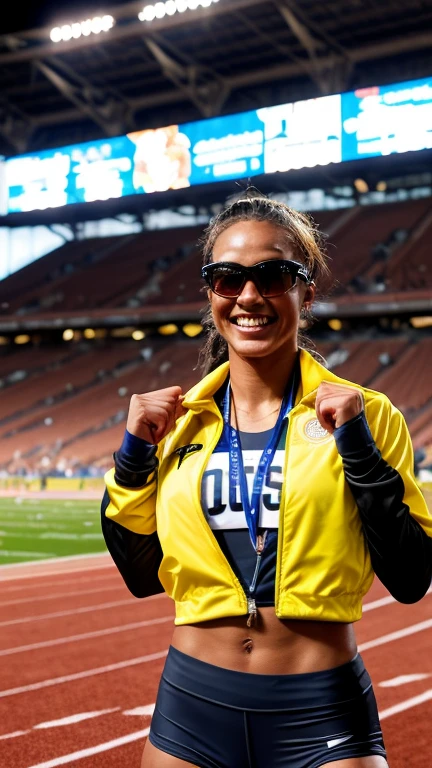 young woman, holding medal and trophy, modern era, running gear, marathon event, thanking supporters, smiling faces in the background, medium shot, celebratory style