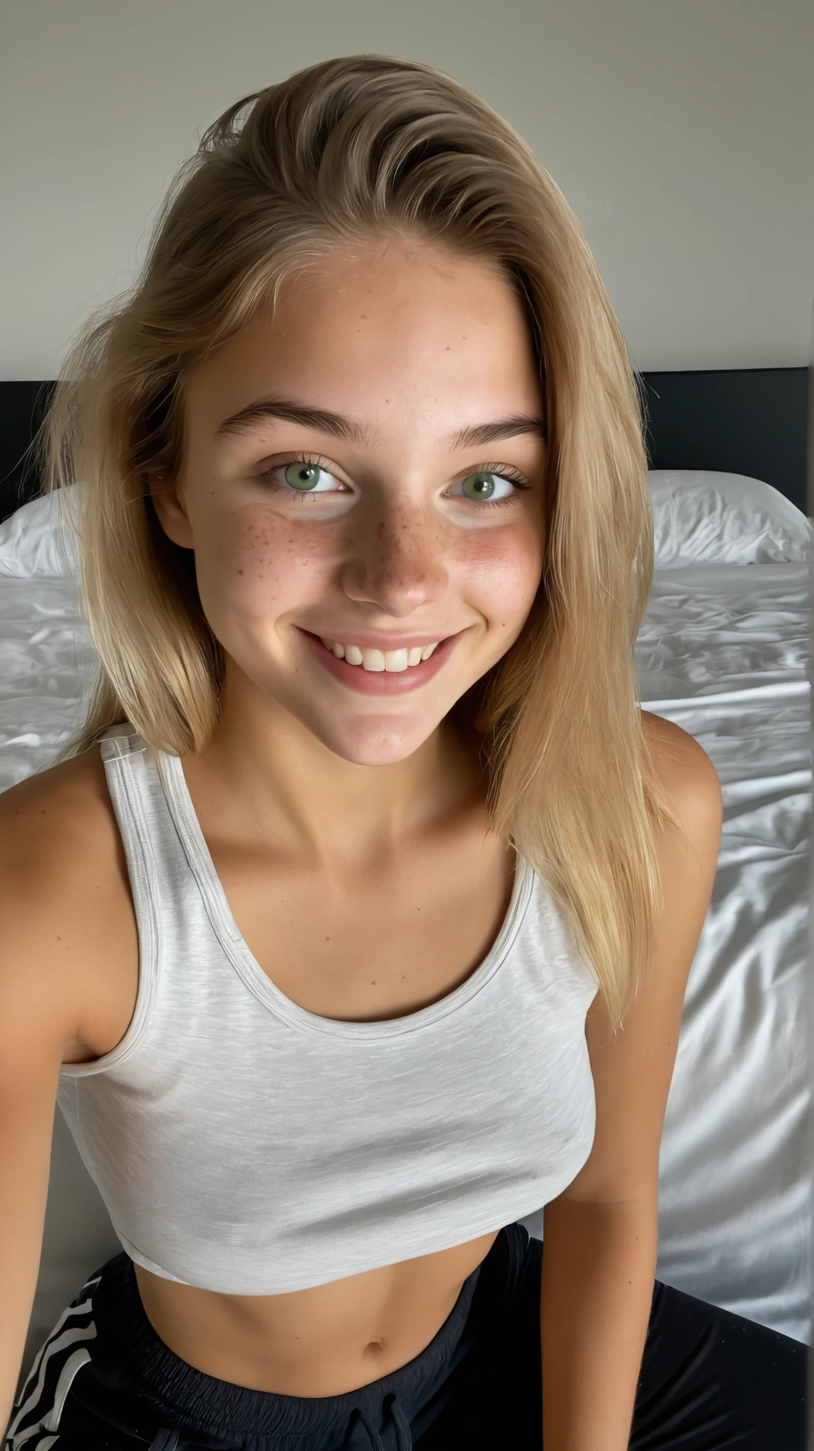 Generate a waist‑up selfie photo of a young female subject. She is approximately 18 years old, with straight light-colored hair, green eyes, full lips, and faint freckles on her cheeks and nose. Her facial expression is shy smile, showing a combination of softness and mild confidence. She is wearing cropped tank top and jogger pants , and is holding a phone and smiling at screen in bedroom with white sheets. The image appears taken with a handheld device — slightly angled framing, soft natural lighting, gentle shadows, and realistic skin texture with visible pores and minimal imperfections, without any digital alterations. The overall impression is informal, personal, and authentic, like a spontaneous moment on social media. Subtle grain or light motion blur may be present to enhance realism.