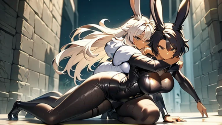 Bunny girl using a Black bunny suit and fishnets Brown skin , big boobs , thicc body togheter with a bunny girl using a white bunny suit and fishnets small boobs and thin body
