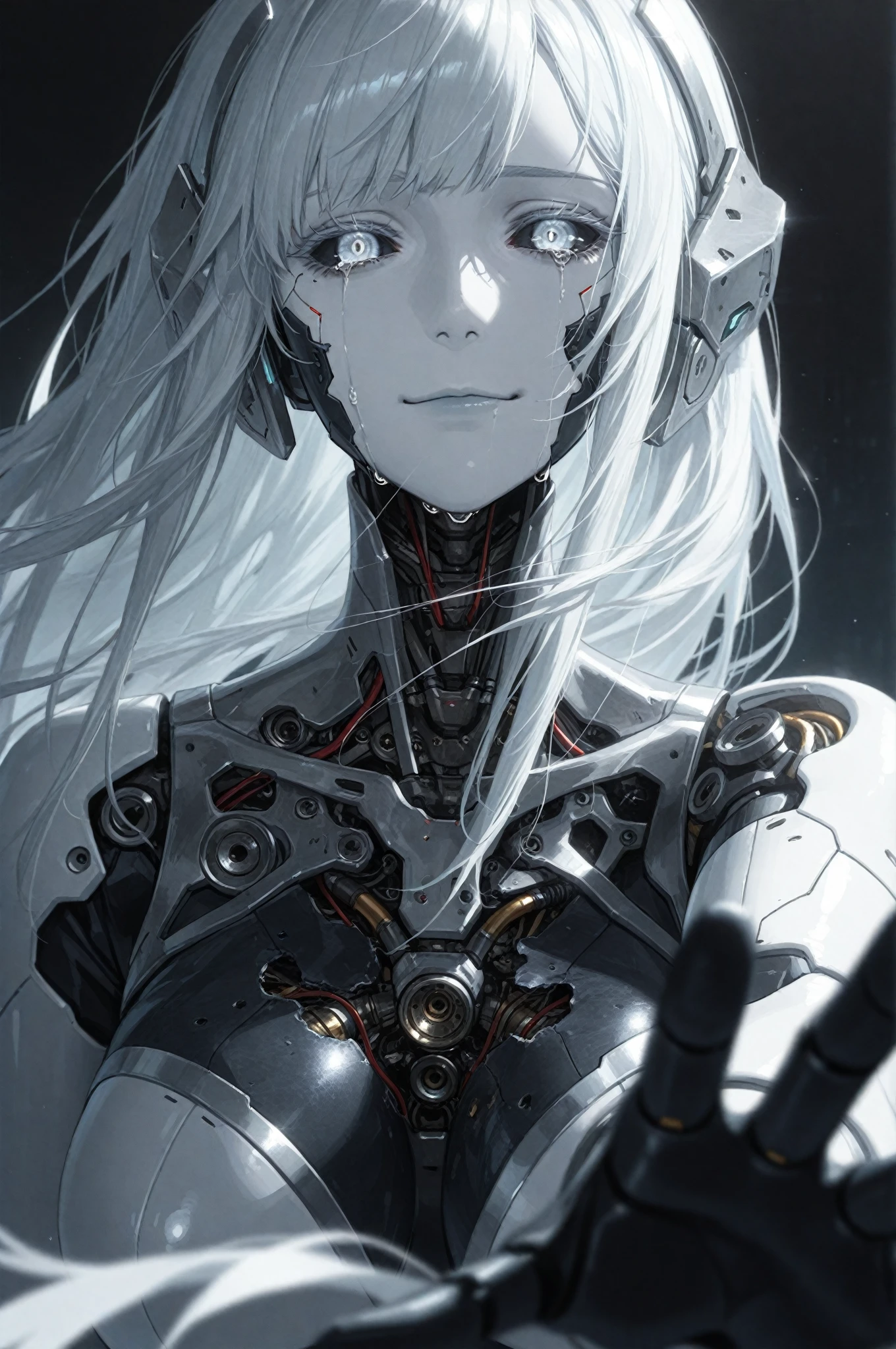((8K resolution))、((highest quality))、((masterpiece))、((Very detailed))((((dramatic))), (Anatomically correct)、The depth of the object to write、Looking at the camera、front、(woman、Mechanical bones格、Mechanical boneechanical Cervical Vertebra、Long and thin、lipstick、Spit sludge from the mouth、Bloody)、spooky、an  ominous、((theme、whole body:1.1)), SF、Design、White Background