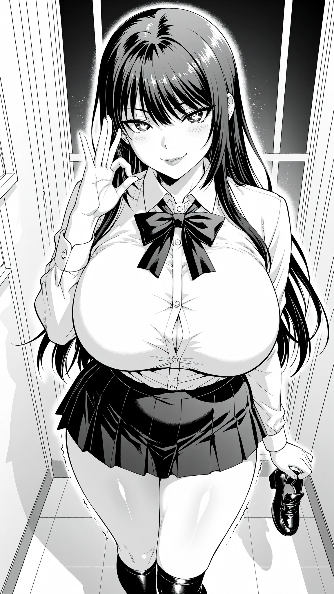 A girl masturbating, her  about to come off, her cleavage visible, her skirt rolled up to see her panties, her face panting happily, erotic.