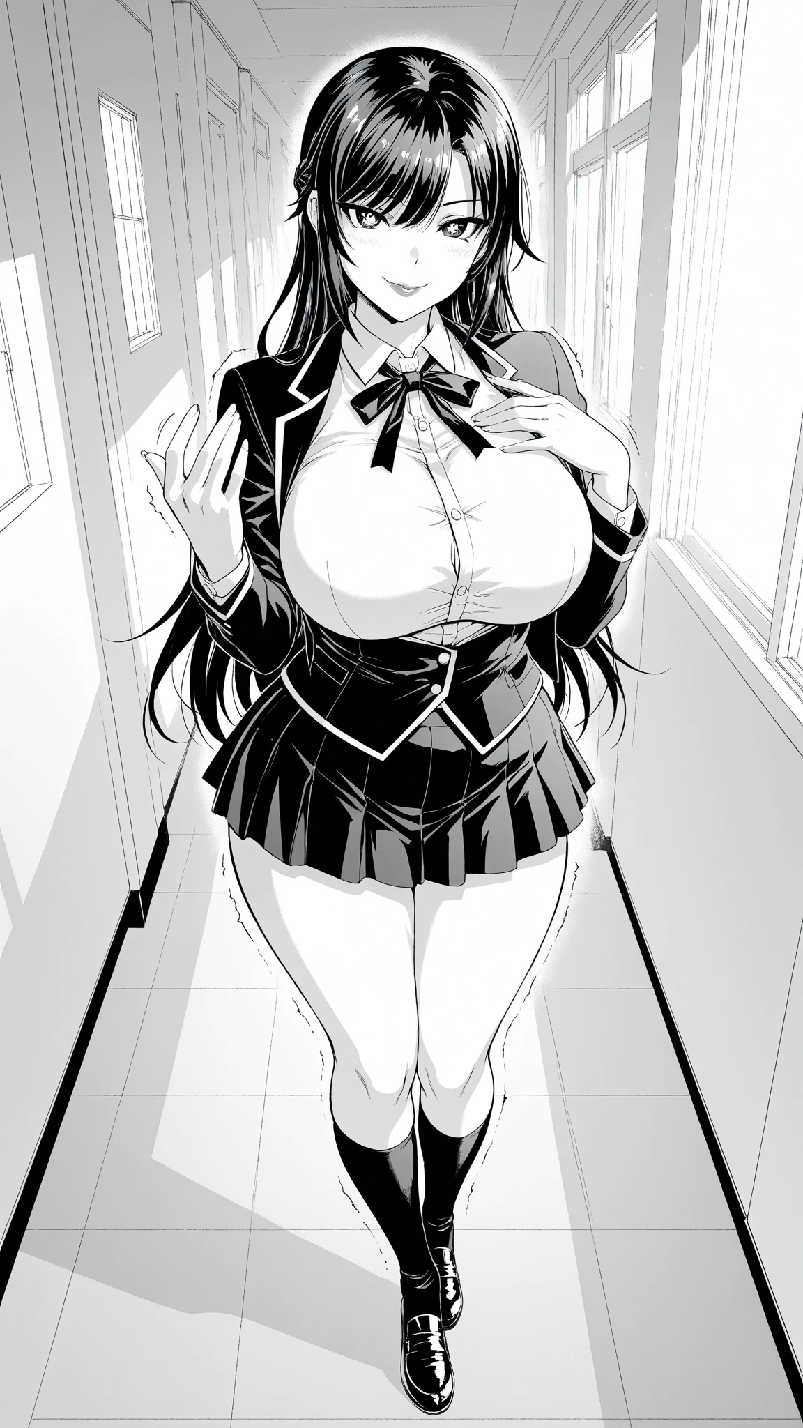 Anime woman in a striped shirt, school teacher, black and white manga page, black and white manga style, black and white manga comic, black and white manga, black and white manga panel, manga page, doujin, manga scans, in style of manga, detailed manga style, manga illustration, xray inside woman, by Hi_mekuriguri, twitter artist hi_mekuriguri,1girl, 1boy, indoors, sex scene, dick in pussy, uterus, pleading expression, tears, facing viewer, wide hips, large breasts, nipples, perky breasts, inside view of vagina, cervix