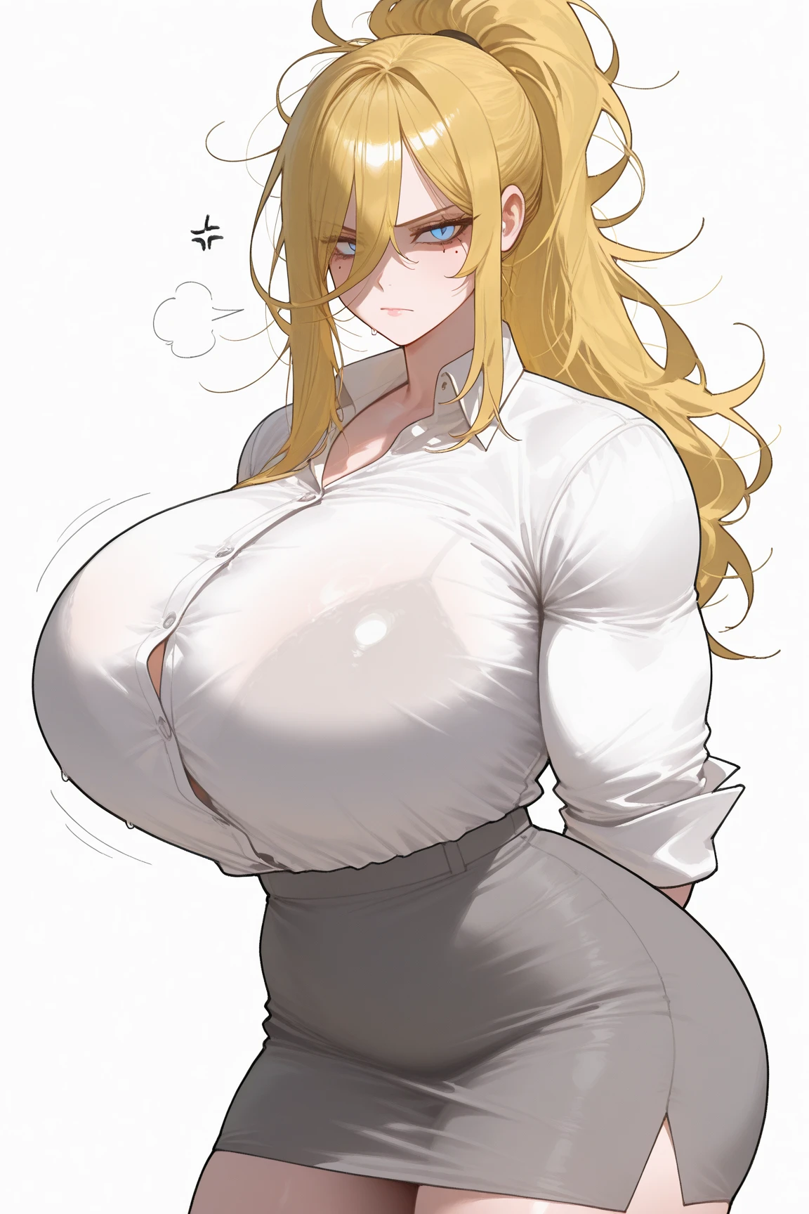 In the 80s a sexy woman sensual big breast beautiful beautiful attraction long blonde yellow hair her gray eye wears a white button-down office shirt and a short purple skirt in love crying happy emotion