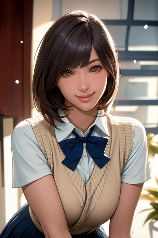 (masterpiece:1.2, Highest quality), (Realistic, photoRealistic:1.4), Beautiful illustrations, (Natural Side Lighting, Cinema Lighting), Written boundary depth, Looking at the audience, Front view, 1 girl, Asian, 15 years old, ((Long Hair)), Perfect Face, Small face,Symmetrical cute face, Pale skin, Glowing Skin, Asymmetrical bangs, Big eyes, Droopy eyess, Long eyelashes, thin, Beautiful Hair, Beautiful Face, Beautiful and beautiful eyes, Beautiful clavicle, Beautiful body, Beautiful breasts, Beautiful thighs, Beautiful legs, Beautiful fingers, ((Quality fabric texture, brown knit vest, Short sleeve white collar shirt, Navy Pleated Skirt, Navy bow tie )), (vaginal Sex:1.5), (Beautiful views), evening, Droopy eyes, (Cum in pussy:1.5), Sex, erotic, Cum in pussy, Heterosexual, Mole, Mole under eye, (smile, Superior, Open your mouth)