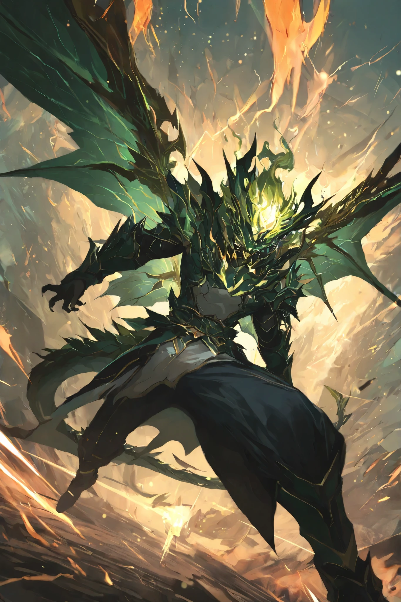 masterpiece, best quality,1 boy,best quality,heroic pose,dynamic angle,dynamic background,with epic effect, high angle shot,like CCTV footage, outward flow of magic or particles, face clearly visible, character illuminated from within, Dragon wing,Dragon tail